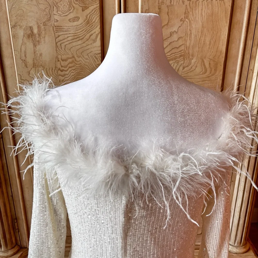 NEW White Dress, White Sequins Dress, Dress with Feathers, Prom, NWOT, Size L - Picture 5 of 10